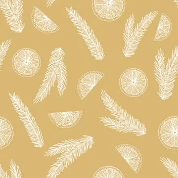 Xmas Seamless pattern with Christmas Tree Decorations, Pine Branches hand drawn Stock Illustration