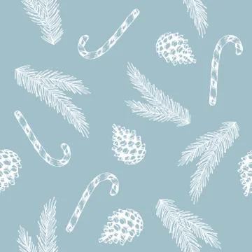 Xmas Seamless pattern with Christmas Tree Decorations, Pine Branches hand drawn イラスト素材
