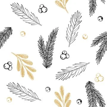 Xmas Seamless pattern with Christmas Tree Decorations, Pine Branches hand drawn Stock Illustration