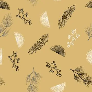 Xmas Seamless pattern with Christmas Tree Decorations, Pine Branches hand drawn Stock Illustration