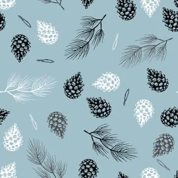 Xmas Seamless pattern with Christmas Tree Decorations, Pine Branches hand drawn Stock Illustration