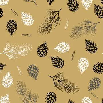 Xmas Seamless pattern with Christmas Tree Decorations, Pine Branches hand drawn Stock Illustration