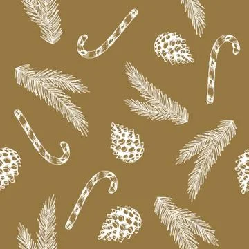 Xmas Seamless pattern with Christmas Tree Decorations, Pine Branches hand drawn Stockillustratie