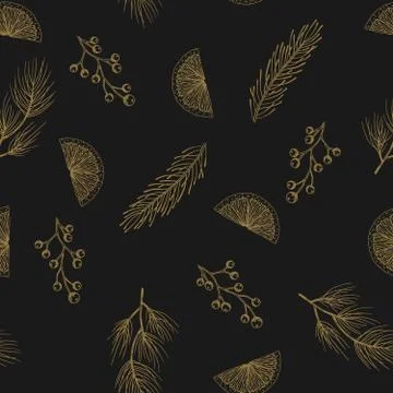 Xmas Seamless pattern with Christmas Tree Decorations, Pine Branches hand drawn Stock Illustration
