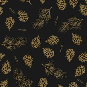 Xmas Seamless pattern with Christmas Tree Decorations, Pine Branches hand drawn Stock Illustration