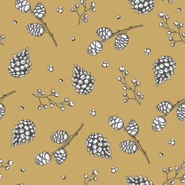 Xmas Seamless pattern with Christmas Tree Decorations, Pine Branches hand drawn Stock Illustration