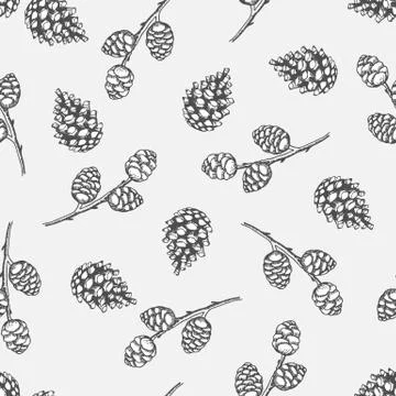 Xmas Seamless pattern with Christmas Tree Decorations, Pine Branches hand drawn Stock Illustration
