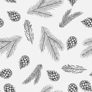 Xmas Seamless pattern with Christmas Tree Decorations, Pine Branches hand drawn Stockillustratie
