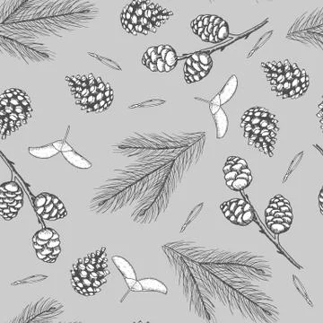 Xmas Seamless pattern with Christmas Tree Decorations, Pine Branches hand drawn Stock Illustration