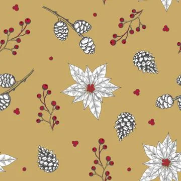 Xmas Seamless pattern with Christmas Tree Decorations, Pine Branches hand drawn Stock Illustration
