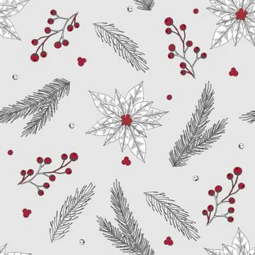 Xmas Seamless pattern with Christmas Tree Decorations, Pine Branches hand drawn Stock Illustration