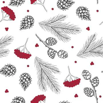 Xmas Seamless pattern with Christmas Tree Decorations, Pine Branches hand drawn Stockillustratie