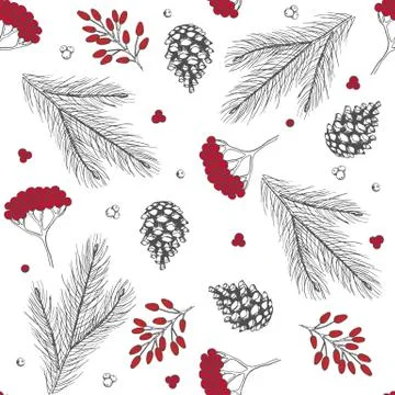 Xmas Seamless pattern with Christmas Tree Decorations, Pine Branches hand drawn Stock Illustration