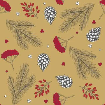 Xmas Seamless pattern with Christmas Tree Decorations, Pine Branches hand drawn Stock Illustration