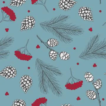 Xmas Seamless pattern with Christmas Tree Decorations, Pine Branches hand drawn Stock Illustration