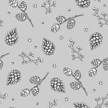 Xmas Seamless pattern with Christmas Tree Decorations, Pine Branches hand drawn Stock Illustration