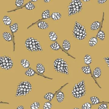 Xmas Seamless pattern with Christmas Tree Decorations, Pine Branches hand drawn Stockillustratie