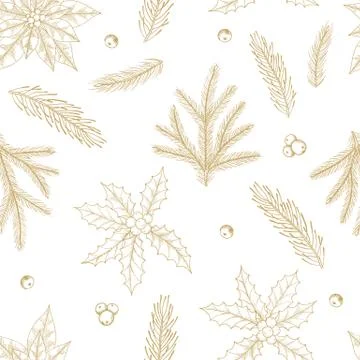 Xmas Seamless pattern with Christmas Tree Decorations, Pine Branches hand drawn Stock Illustration