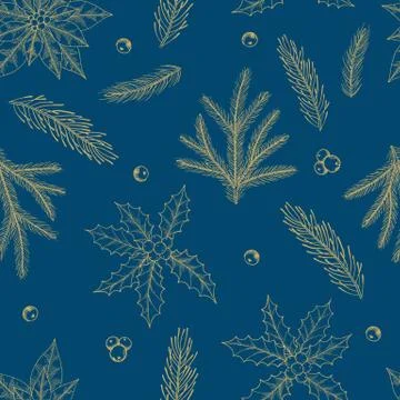 Xmas Seamless pattern with Christmas Tree Decorations, Pine Branches hand drawn Stock Illustration