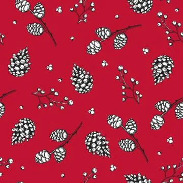 Xmas Seamless pattern with Christmas Tree Decorations, Pine Branches hand drawn Stock Illustration