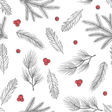 Xmas Seamless pattern with Christmas Tree Decorations, Pine Branches hand drawn Illustrazione stock