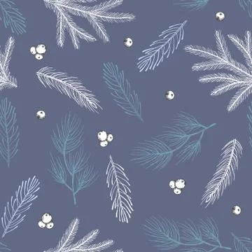 Xmas Seamless pattern with Christmas Tree Decorations, Pine Branches hand drawn Stock Illustration