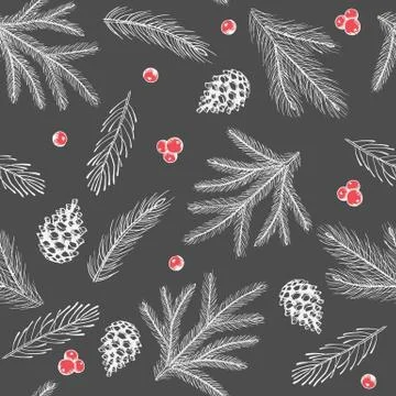 Xmas Seamless pattern with Christmas Tree Decorations, Pine Branches hand drawn Stock Illustration