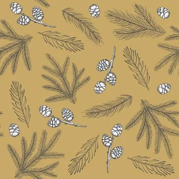 Xmas Seamless pattern with Christmas Tree Decorations, Pine Branches hand drawn Stock Illustration