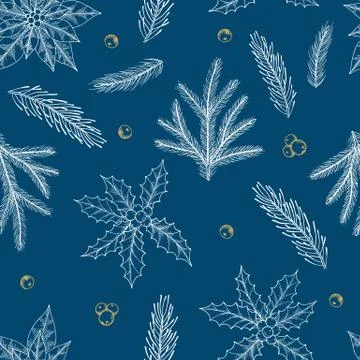 Xmas Seamless pattern with Christmas Tree Decorations, Pine Branches hand drawn Stockillustratie