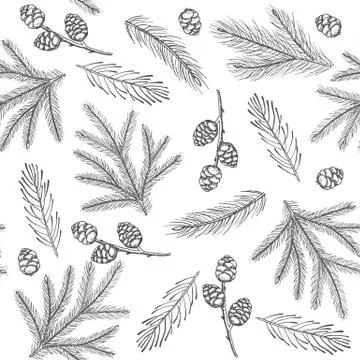Xmas Seamless pattern with Christmas Tree Decorations, Pine Branches hand drawn Stock Illustration