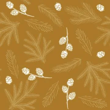 Xmas Seamless pattern with Christmas Tree Decorations, Pine Branches hand drawn Stock Illustration