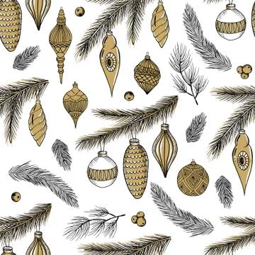 Xmas Seamless pattern with Christmas Tree Decorations, Pine Branches hand drawn Stock Illustration