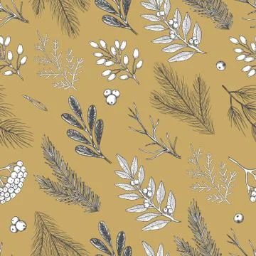 Xmas Seamless pattern with Christmas Tree Decorations, Pine Branches hand drawn Stockillustratie