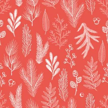Xmas Seamless pattern with Christmas Tree Decorations, Pine Branches hand drawn Stock Illustration