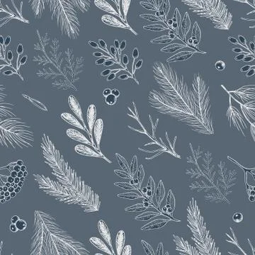 Xmas Seamless pattern with Christmas Tree Decorations, Pine Branches hand drawn Stock Illustration