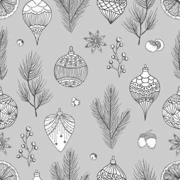 Xmas Seamless pattern with Christmas Tree Decorations, Pine Branches hand drawn Stock Illustration
