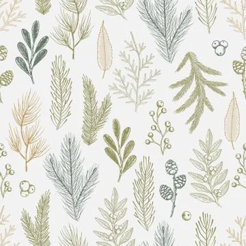 Xmas Seamless pattern with Christmas Tree Decorations, Pine Branches hand drawn Stock Illustration