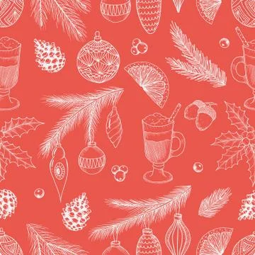 Xmas Seamless pattern with Christmas Tree Decorations, Pine Branches hand drawn Stockillustratie
