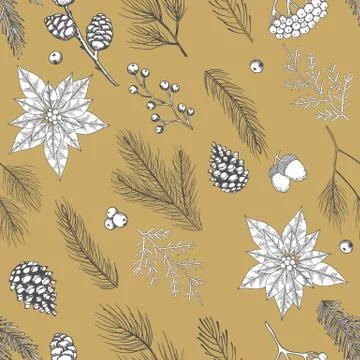 Xmas Seamless pattern with Christmas Tree Decorations, Pine Branches hand drawn Stock Illustration