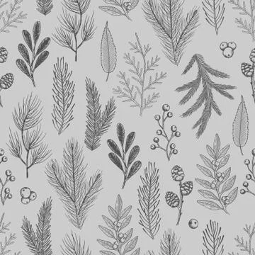Xmas Seamless pattern with Christmas Tree Decorations, Pine Branches hand drawn Stock Illustration