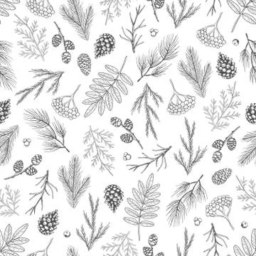 Xmas Seamless pattern with Christmas Tree Decorations, Pine Branches hand drawn Stock Illustration