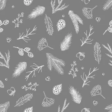 Xmas Seamless pattern with Christmas Tree Decorations, Pine Branches hand drawn Stock Illustration