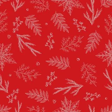 Xmas Seamless pattern with Christmas Tree Decorations, Pine Branches hand drawn Stock Illustration