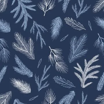 Xmas Seamless pattern with Christmas Tree Decorations, Pine Branches hand drawn イラスト素材