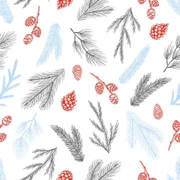 Xmas Seamless pattern with Christmas Tree Decorations, Pine Branches hand drawn Stock Illustration