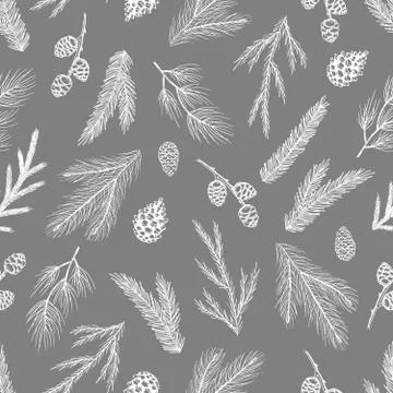 Xmas Seamless pattern with Christmas Tree Decorations, Pine Branches hand drawn 스톡 일러스트