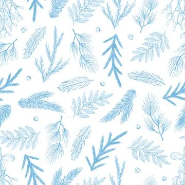 Xmas Seamless pattern with Christmas Tree Decorations, Pine Branches hand drawn Stock Illustration