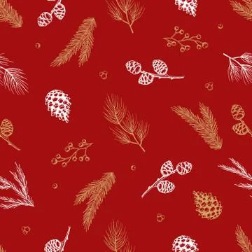 Xmas Seamless pattern with Christmas Tree Decorations, Pine Branches hand drawn Stock Illustration