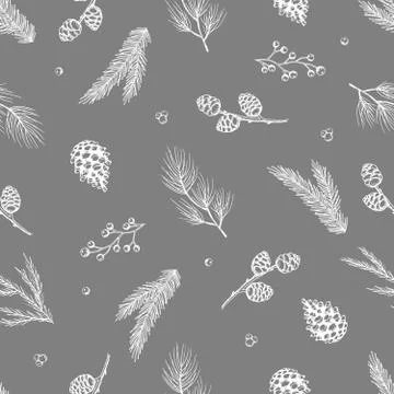 Xmas Seamless pattern with Christmas Tree Decorations, Pine Branches hand drawn Stock Illustration