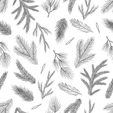 Xmas Seamless pattern with Christmas Tree Decorations, Pine Branches hand drawn Stock Illustration